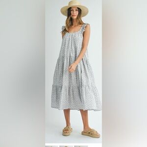 Mable Floral Ruffle Midi Dress in Blue and White